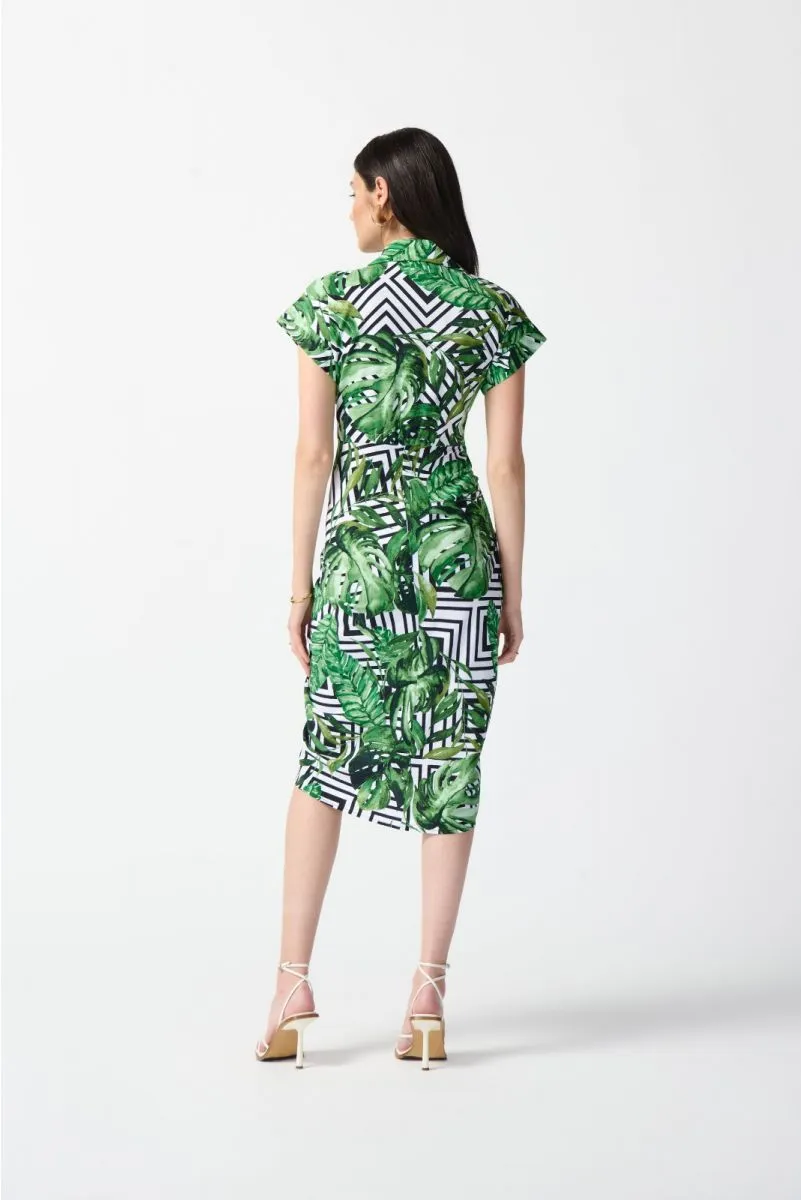 Joseph Ribkoff Vanilla/Multi Tropical Print Waist Tie Shirt Dress 242033