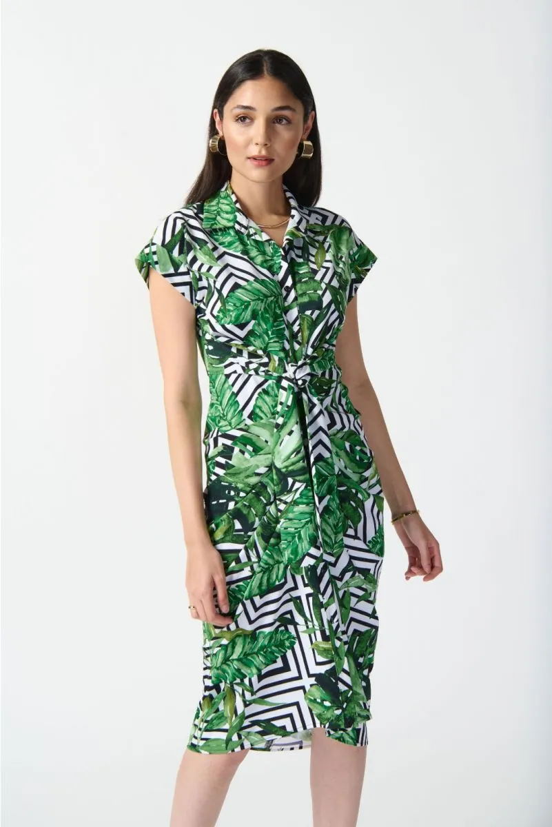 Joseph Ribkoff Vanilla/Multi Tropical Print Waist Tie Shirt Dress 242033