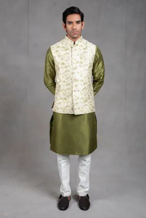 Kale Green Brocade Floral Printed  Kurta-Jacket Set