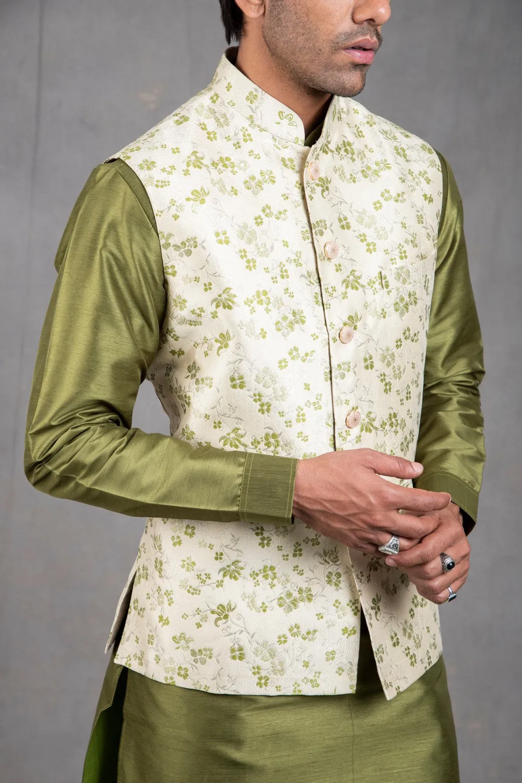 Kale Green Brocade Floral Printed  Kurta-Jacket Set