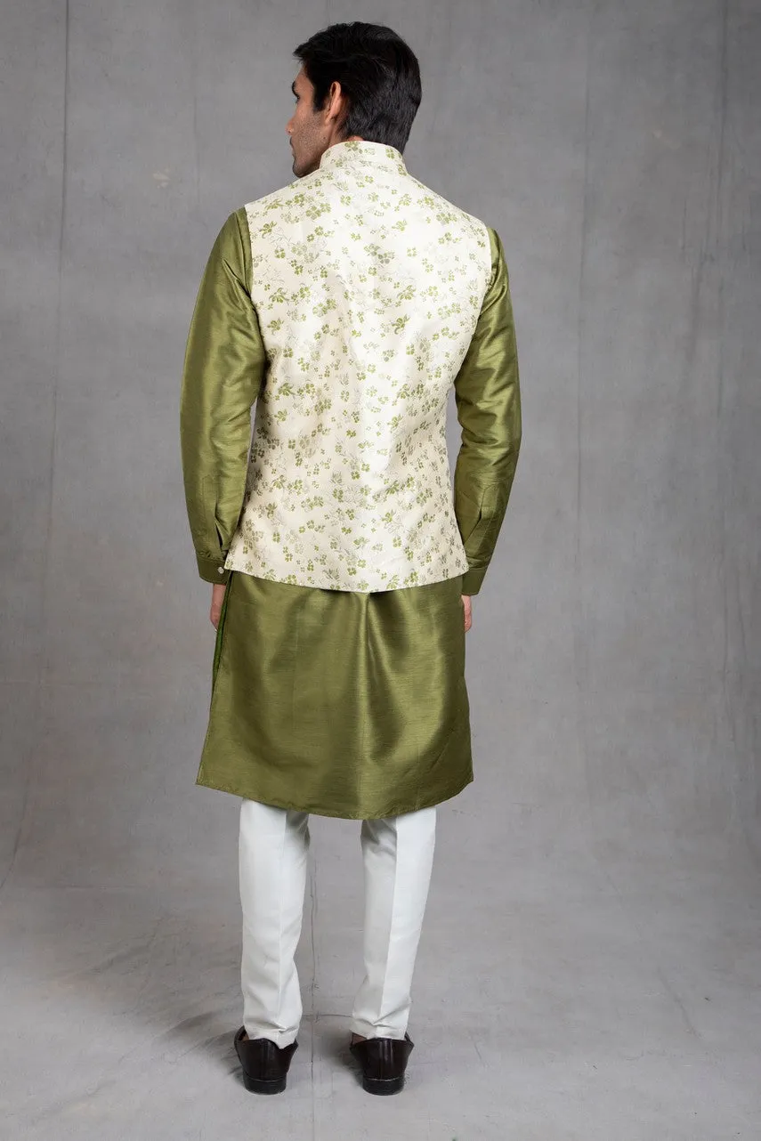 Kale Green Brocade Floral Printed  Kurta-Jacket Set