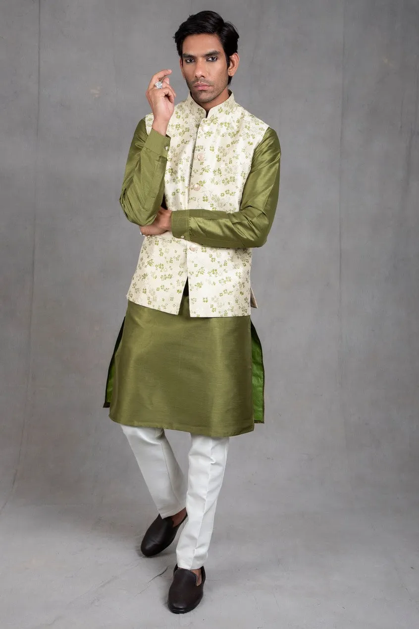 Kale Green Brocade Floral Printed  Kurta-Jacket Set