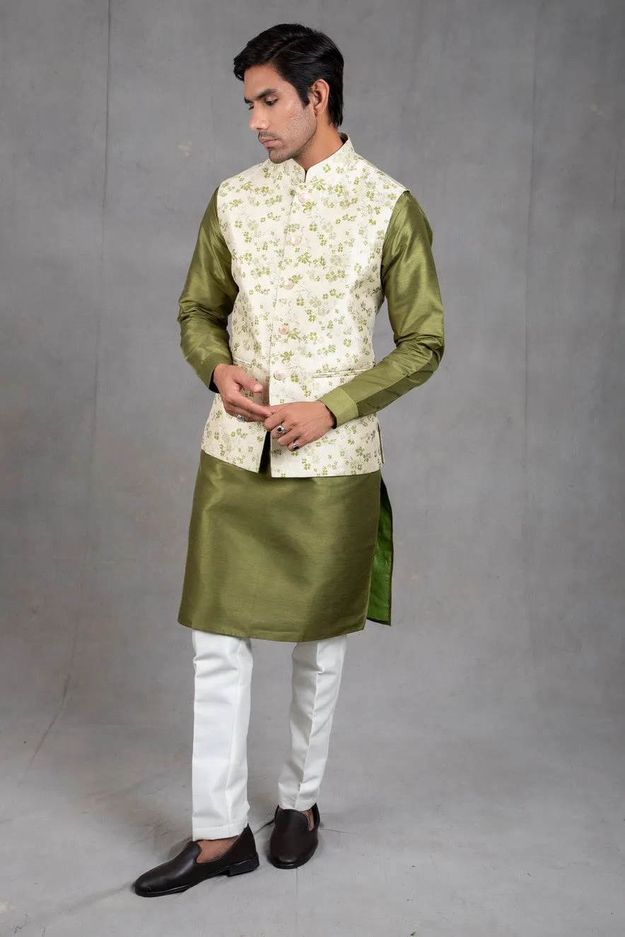 Kale Green Brocade Floral Printed  Kurta-Jacket Set