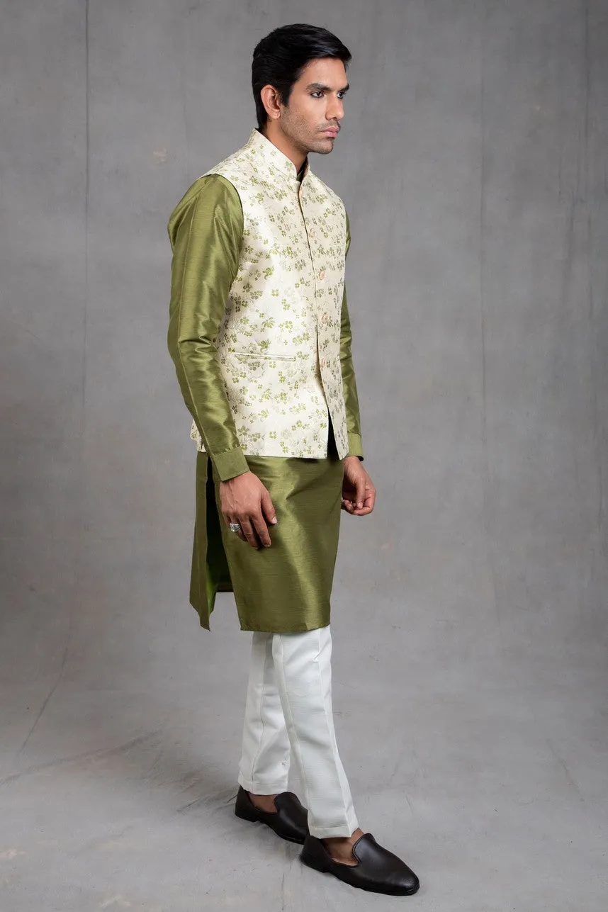 Kale Green Brocade Floral Printed  Kurta-Jacket Set