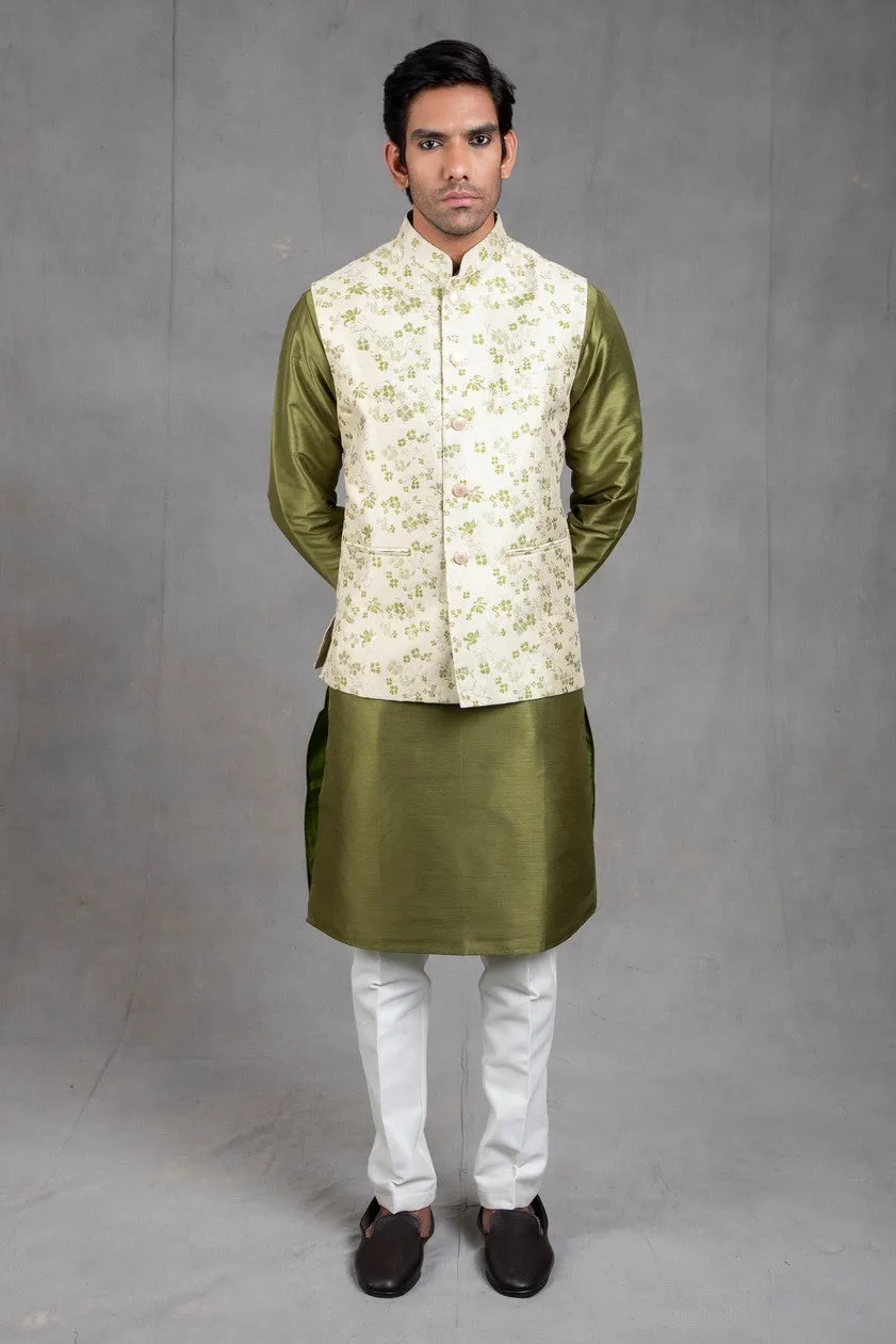 Kale Green Brocade Floral Printed  Kurta-Jacket Set