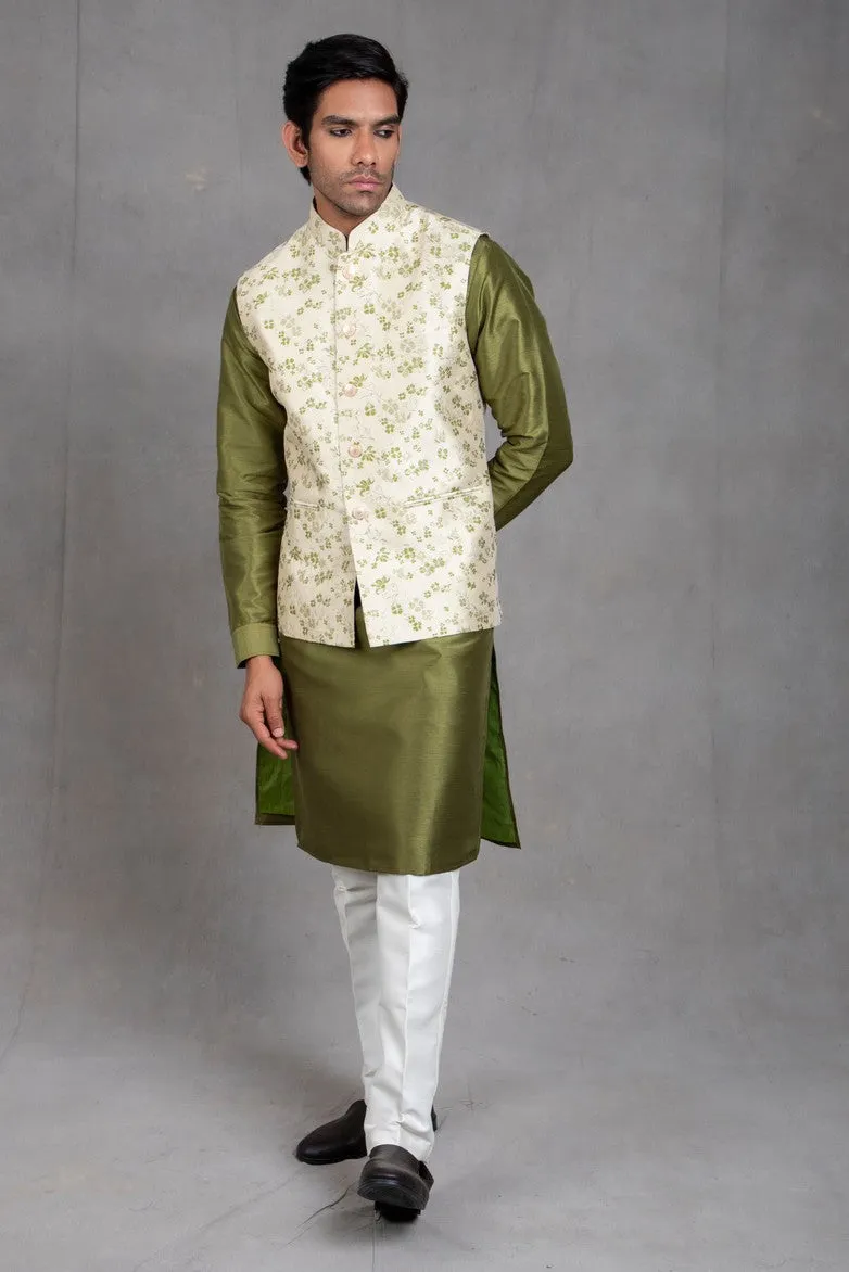 Kale Green Brocade Floral Printed  Kurta-Jacket Set