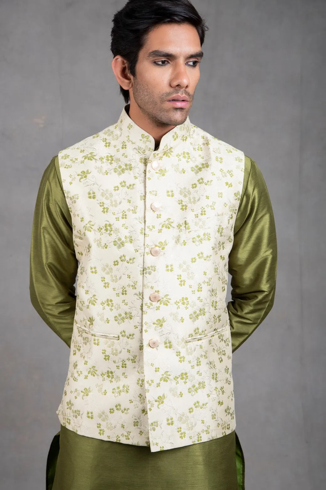 Kale Green Brocade Floral Printed  Kurta-Jacket Set