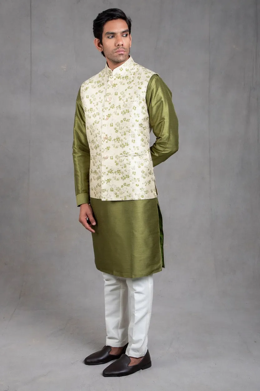 Kale Green Brocade Floral Printed  Kurta-Jacket Set