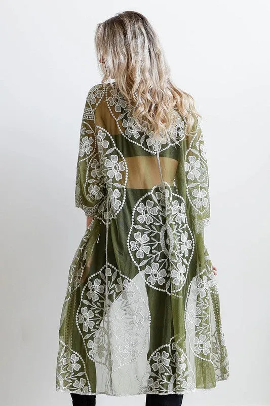 Kimono Mesh Cotton Lace Contrast