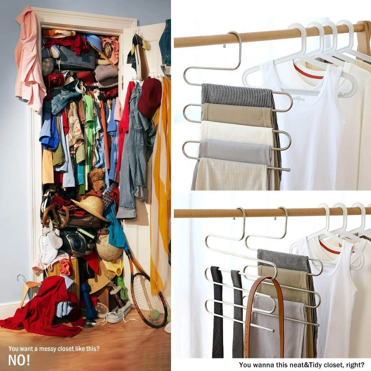 Larnn 6 Pack S-Shape Stainless Steel Hanger with 5 Layers Storage Rack for Clothes