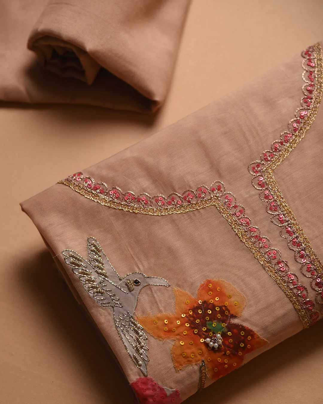 Light Peach With Pink Chanderi Hand Embroidered Unstitched Suit Fabric Set With Chiffon Dupatta