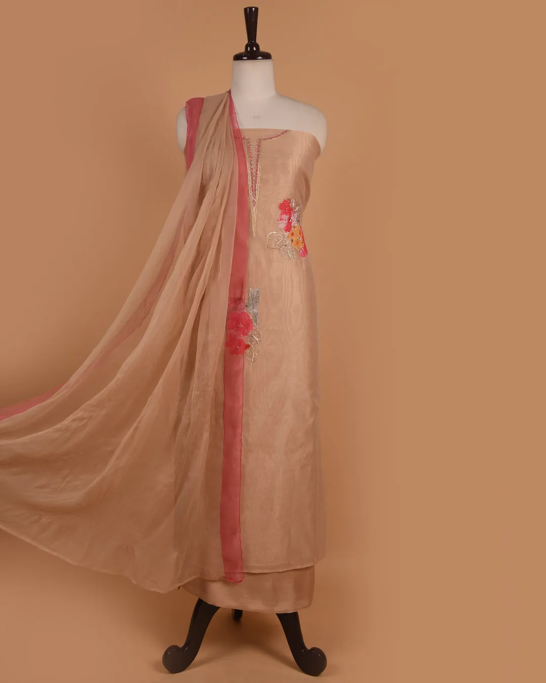 Light Peach With Pink Chanderi Hand Embroidered Unstitched Suit Fabric Set With Chiffon Dupatta