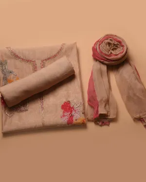 Light Peach With Pink Chanderi Hand Embroidered Unstitched Suit Fabric Set With Chiffon Dupatta