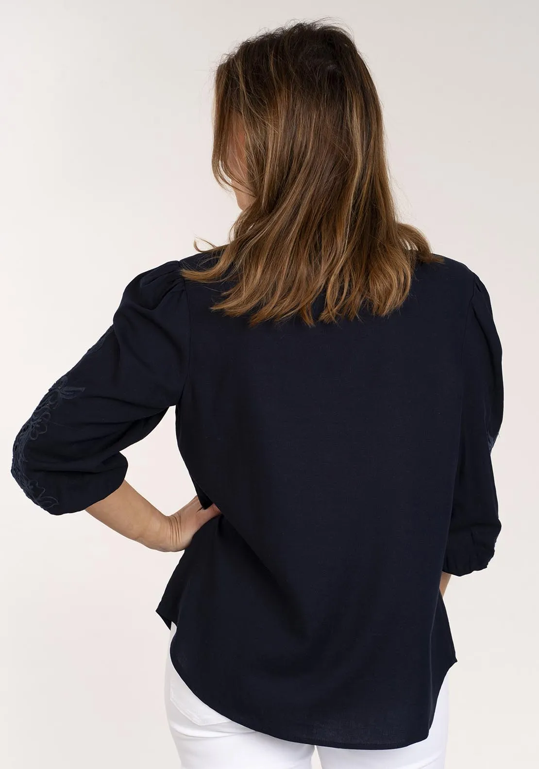 Linen Mix Embroidered Shirt - Navy