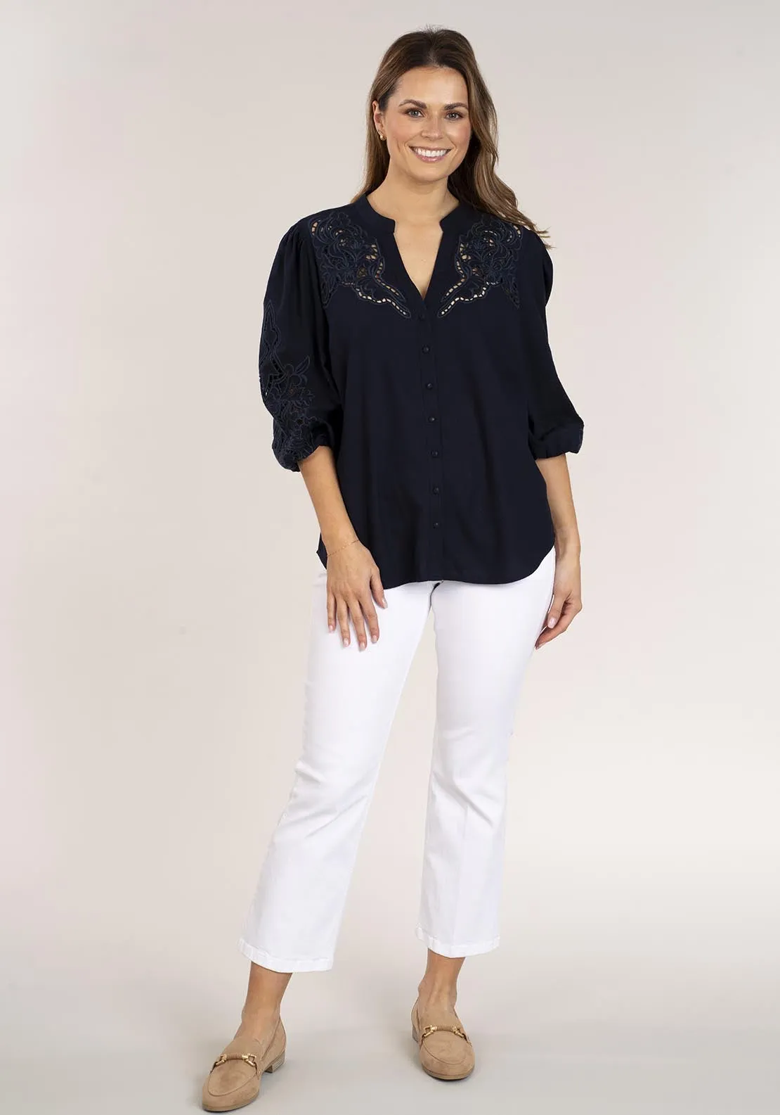 Linen Mix Embroidered Shirt - Navy