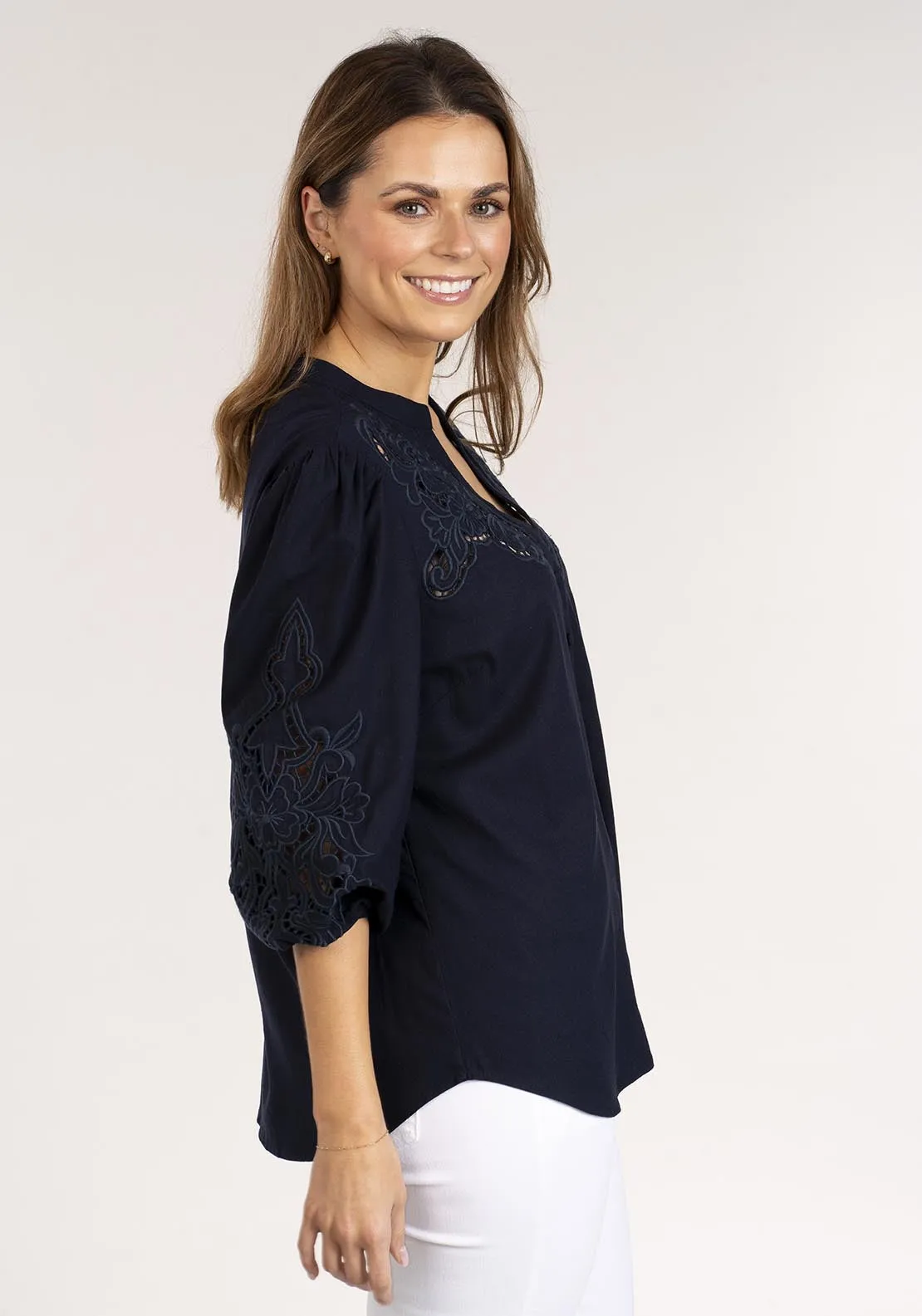 Linen Mix Embroidered Shirt - Navy