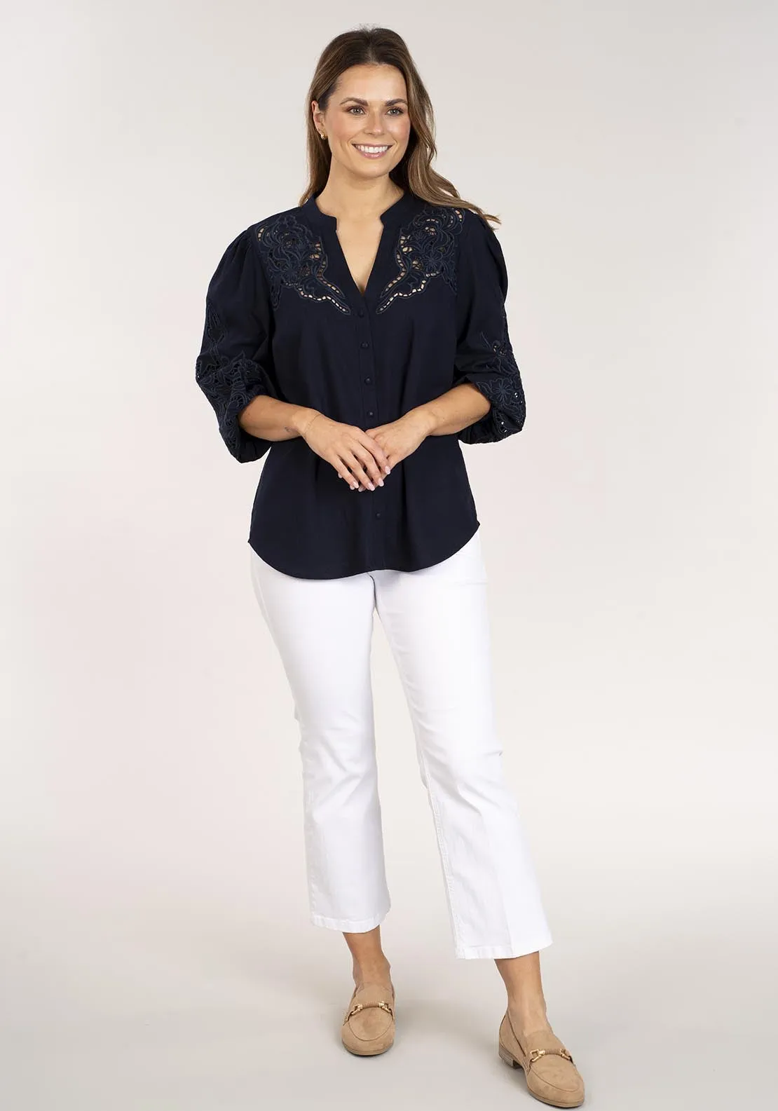 Linen Mix Embroidered Shirt - Navy