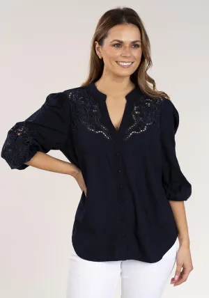 Linen Mix Embroidered Shirt - Navy
