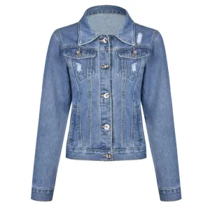 Long Sleeve Faded Denim Jacket Vintage Coat Style for Women