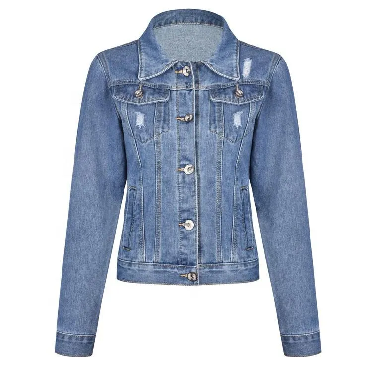 Long Sleeve Faded Denim Jacket Vintage Coat Style for Women