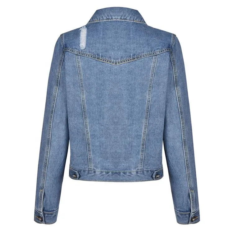 Long Sleeve Faded Denim Jacket Vintage Coat Style for Women