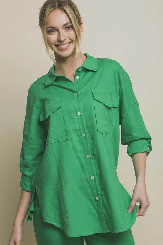 Love Tree Linen Oversized Double Pocket Button Down Shirt