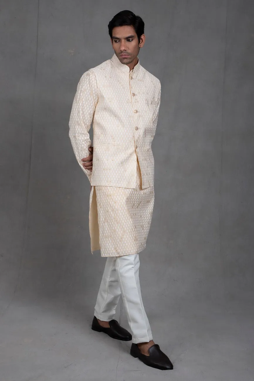 Mellow Beige Print On Print Kurta-Jacket Set
