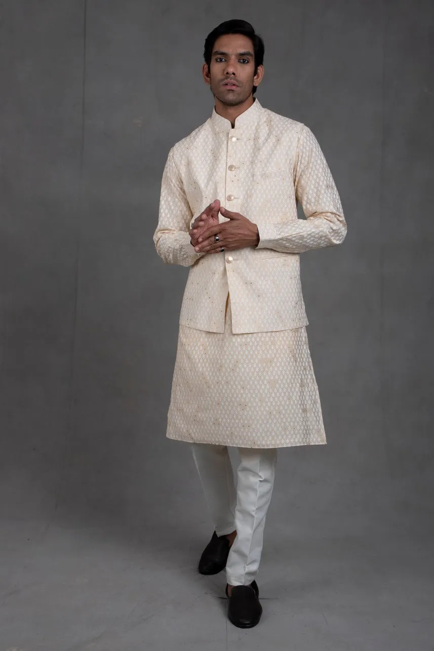 Mellow Beige Print On Print Kurta-Jacket Set