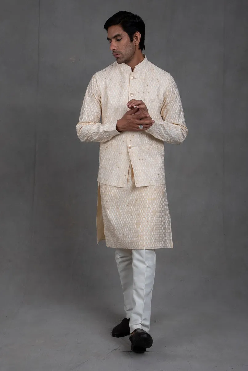 Mellow Beige Print On Print Kurta-Jacket Set