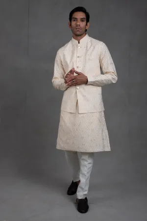 Mellow Beige Print On Print Kurta-Jacket Set