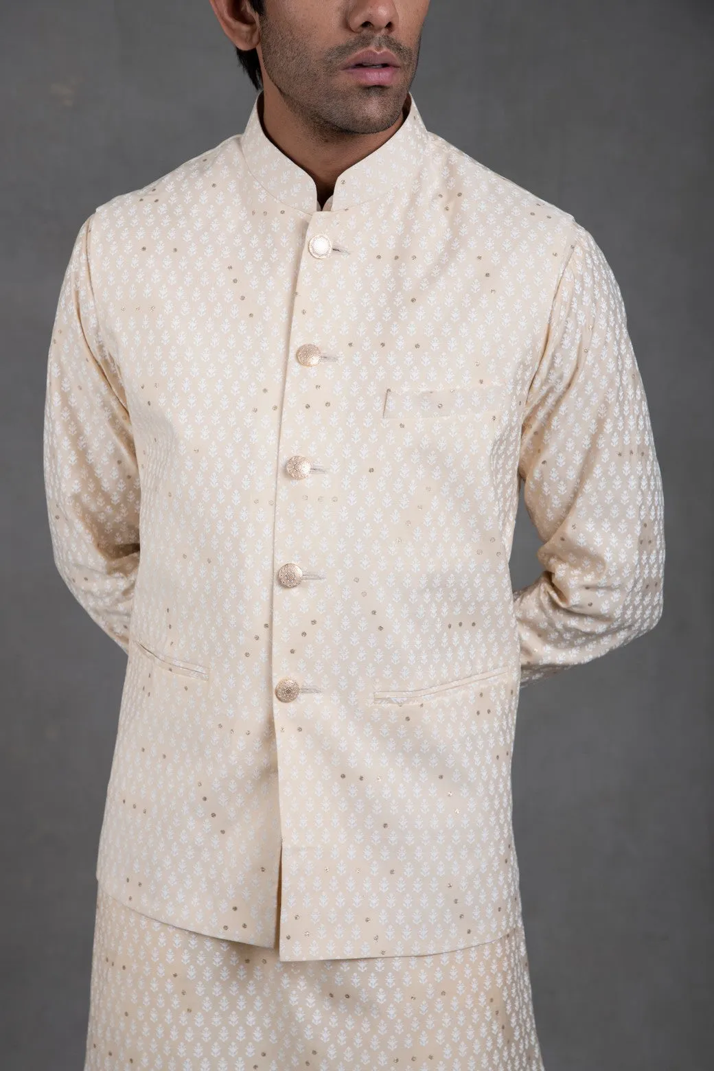 Mellow Beige Print On Print Kurta-Jacket Set