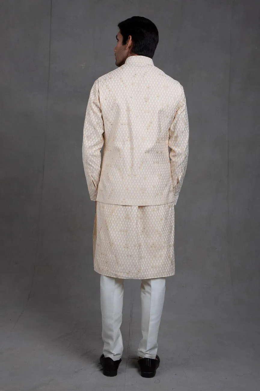 Mellow Beige Print On Print Kurta-Jacket Set
