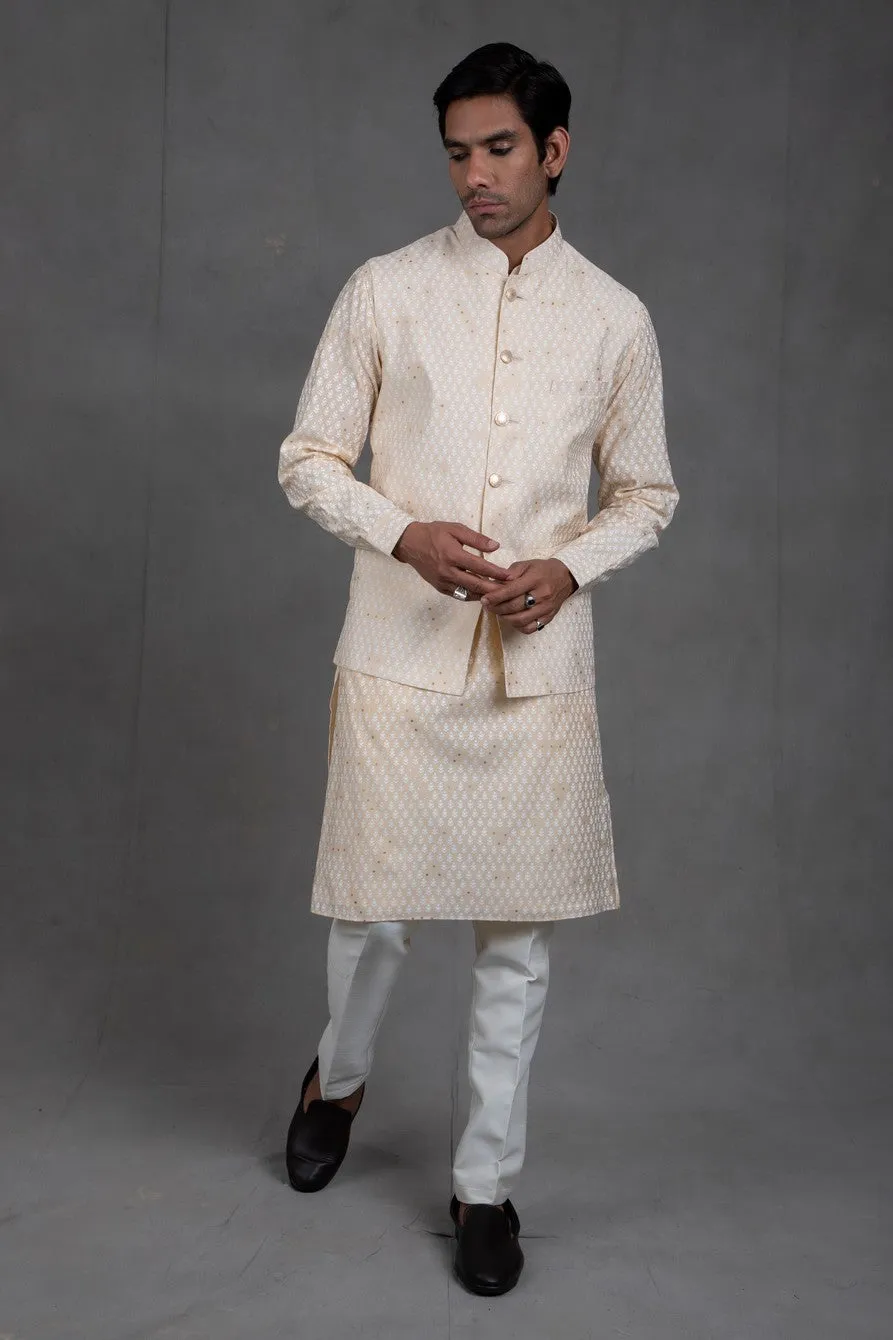 Mellow Beige Print On Print Kurta-Jacket Set