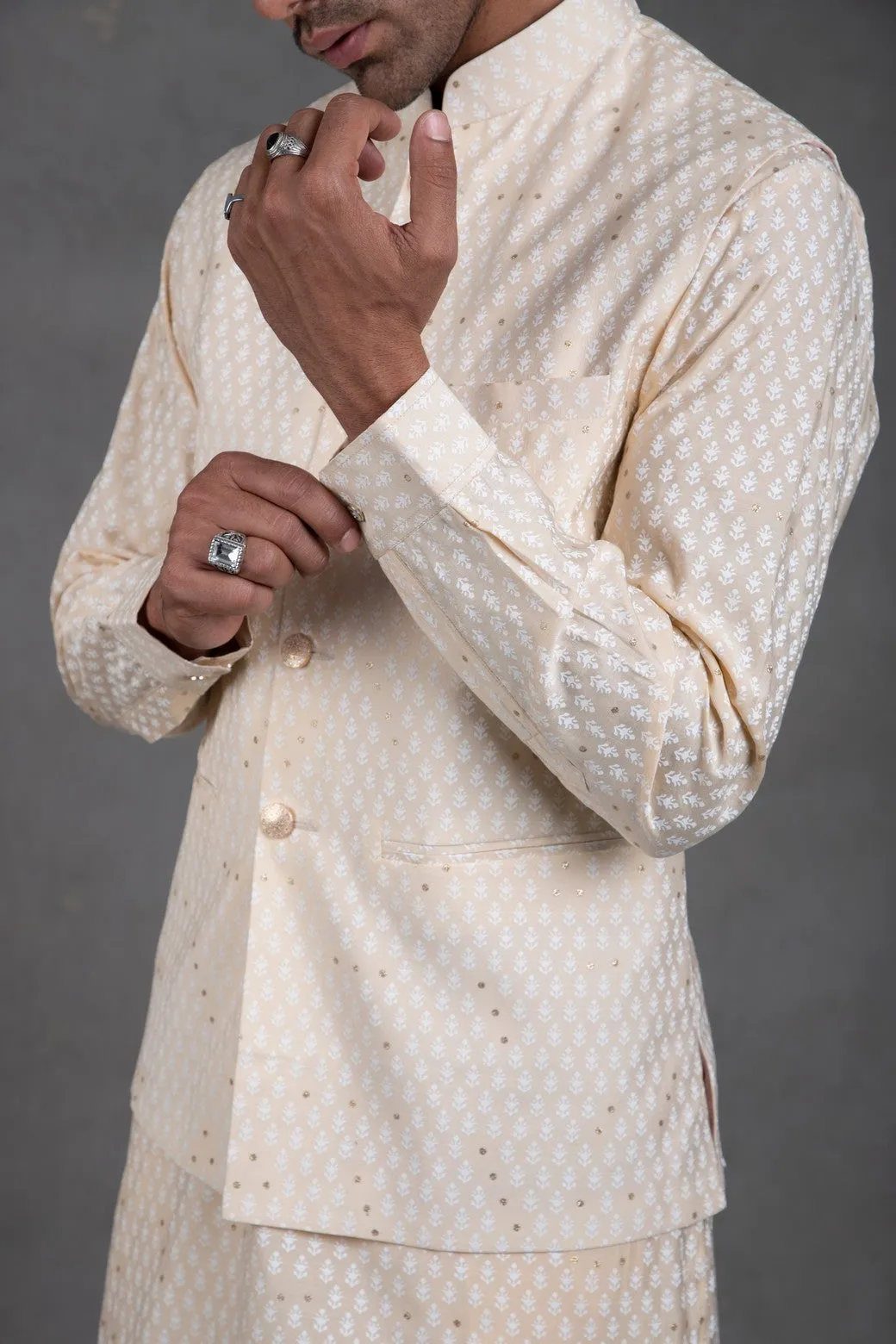 Mellow Beige Print On Print Kurta-Jacket Set