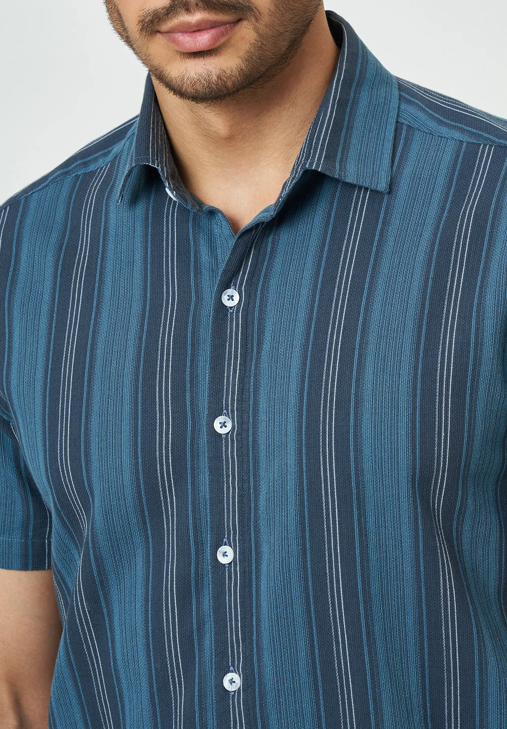Men Blue Striped Casual Shirt