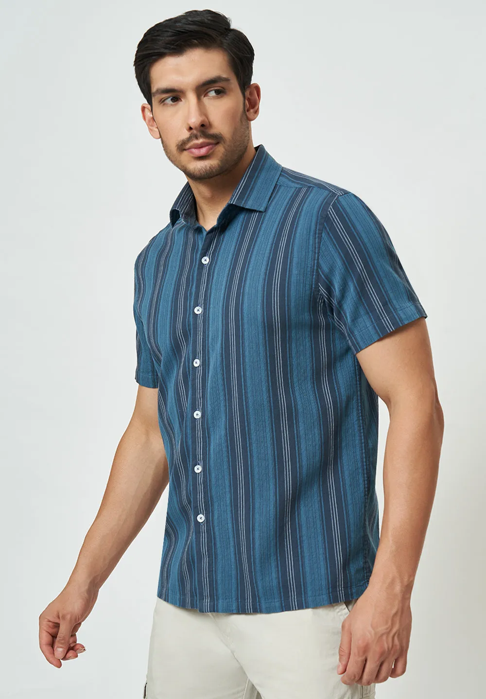 Men Blue Striped Casual Shirt