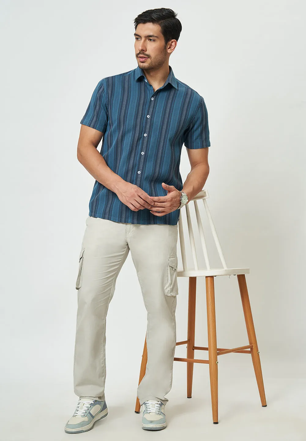 Men Blue Striped Casual Shirt