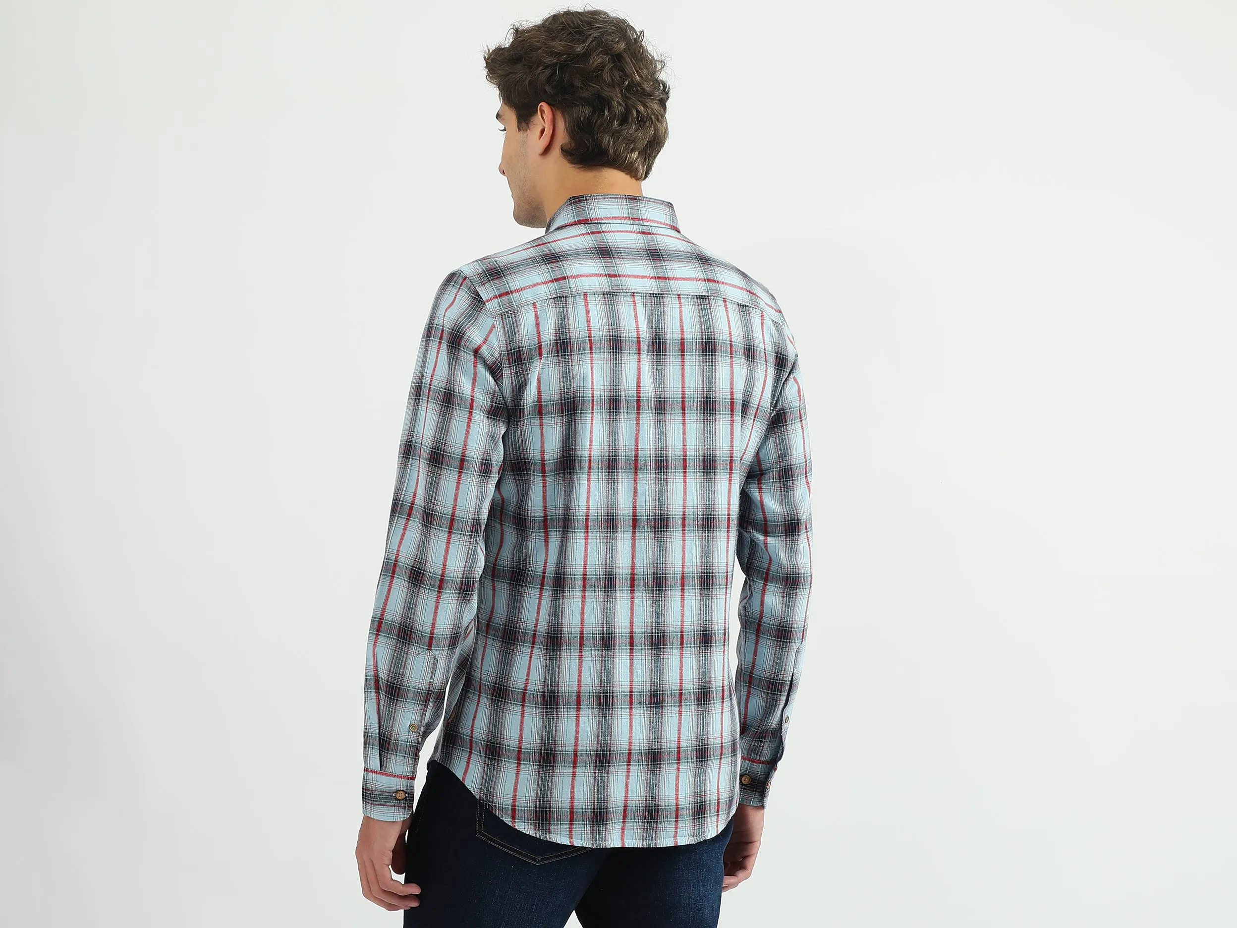 Men Checked Spread Collar Shirt
