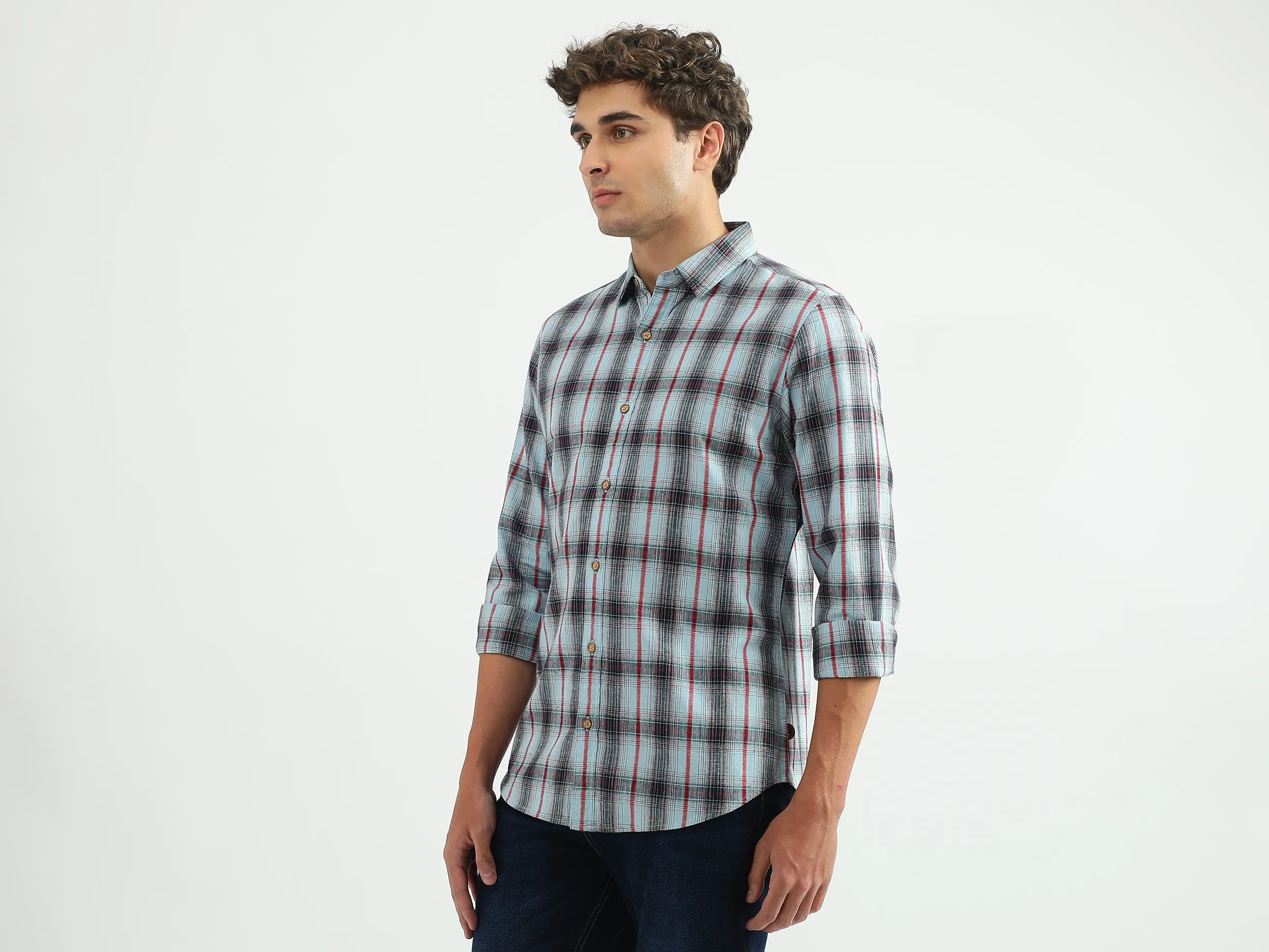 Men Checked Spread Collar Shirt
