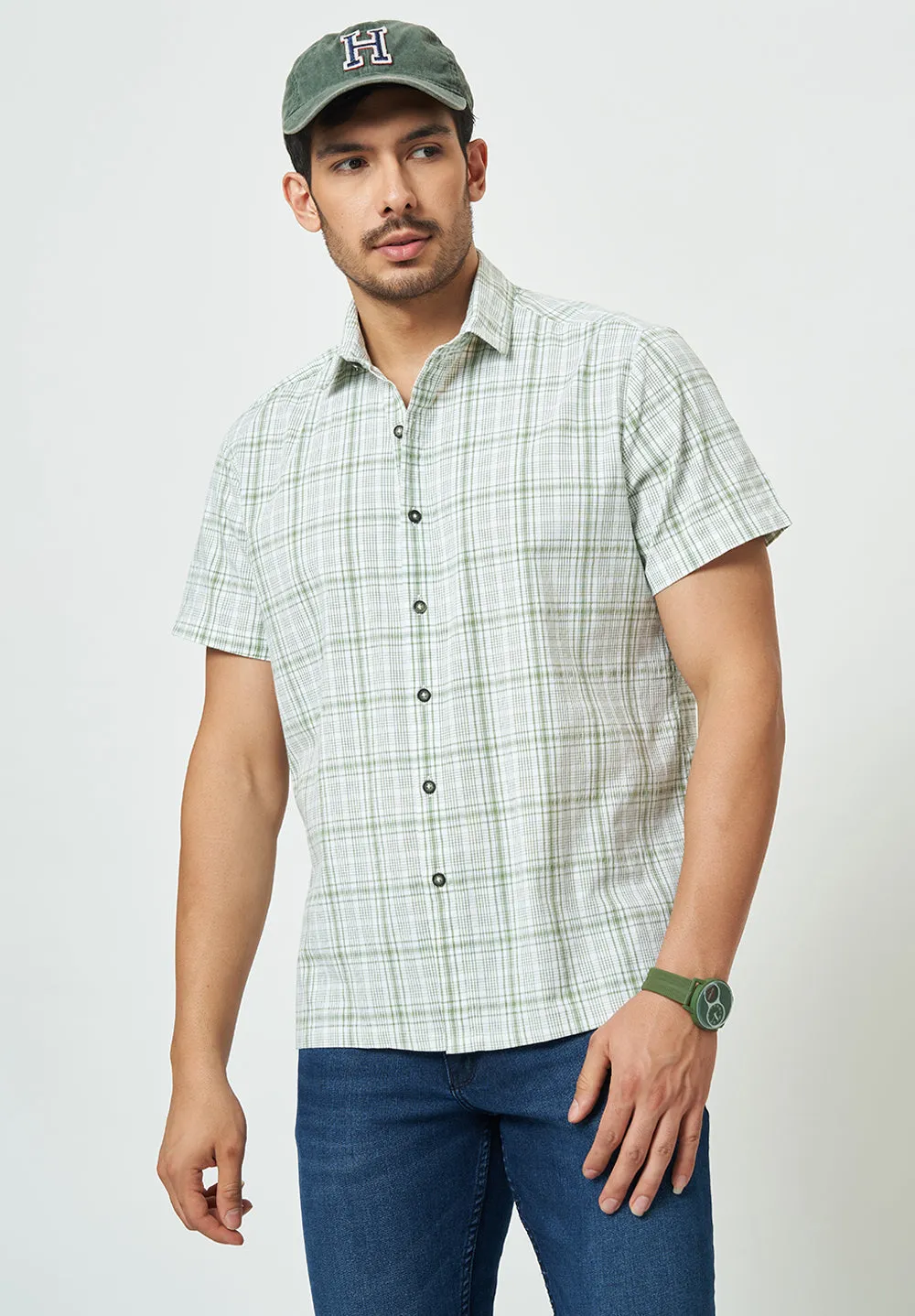 Men Green Checks Casual Shirt