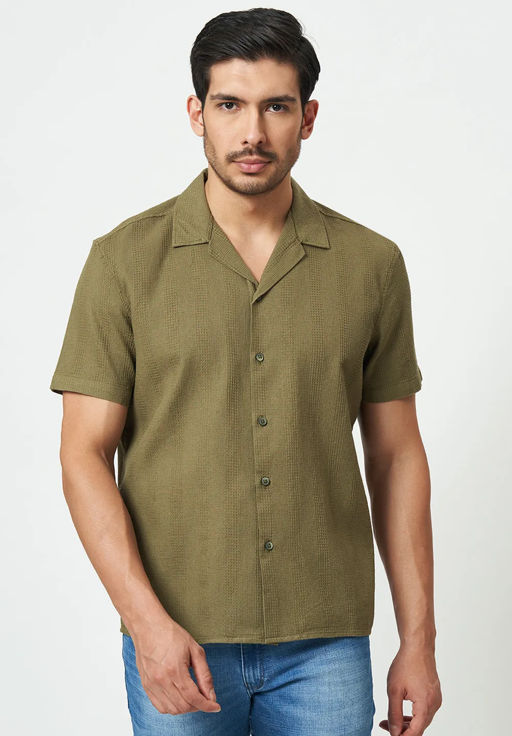 Men Green Textured Casual Shirt