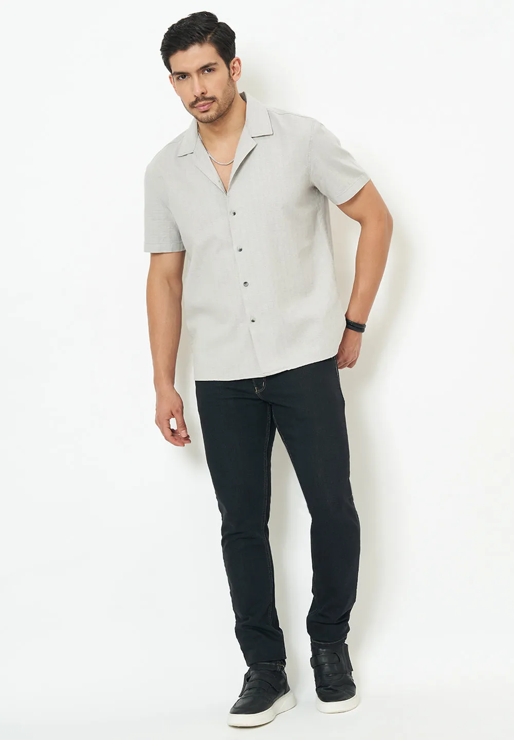 Men Light Grey Solid Casual Shirt