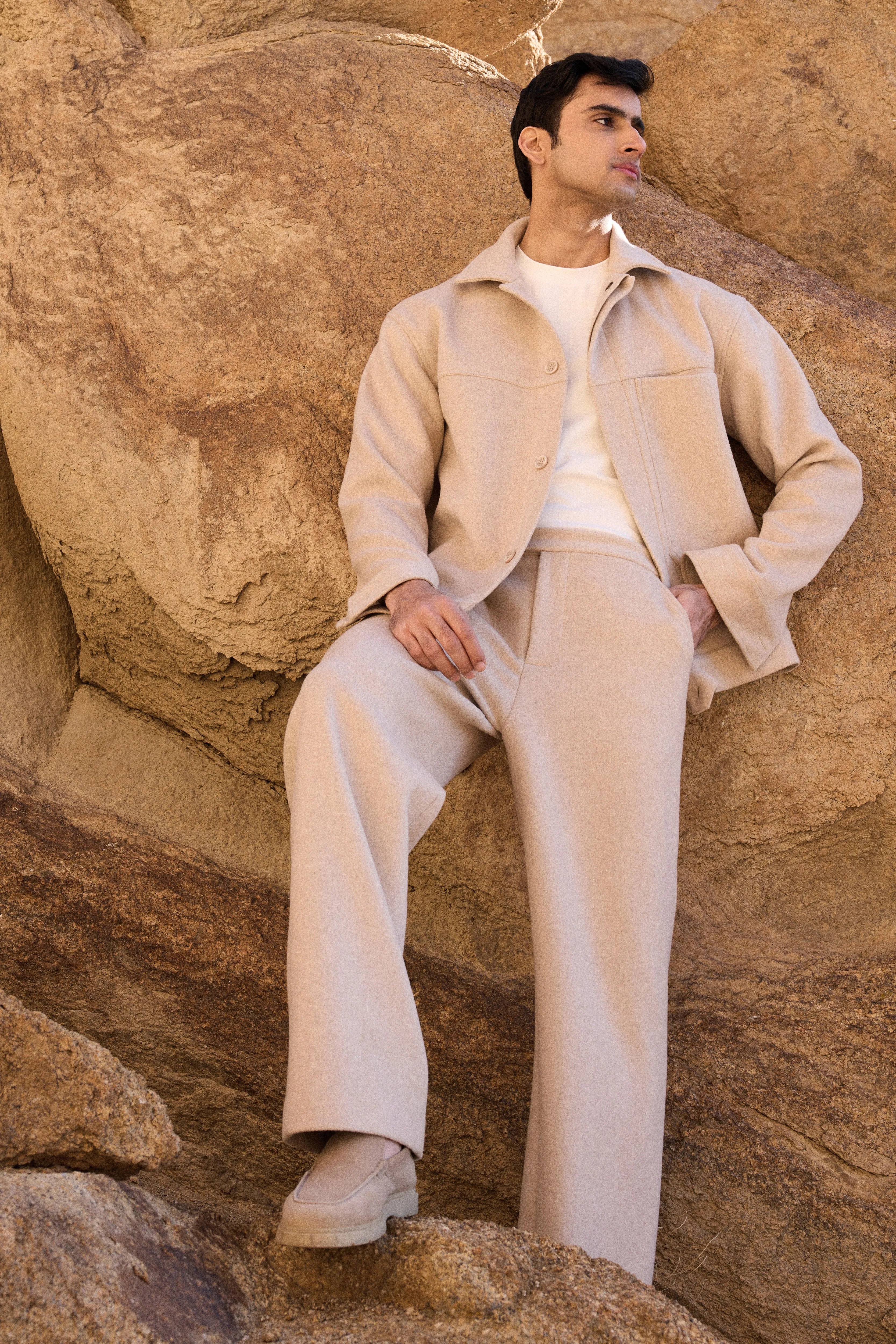 Merino Wool Blend Overshirt w Half Placket Collar - Man & Merino Wool Blend Pants - Man (Oatmeal)