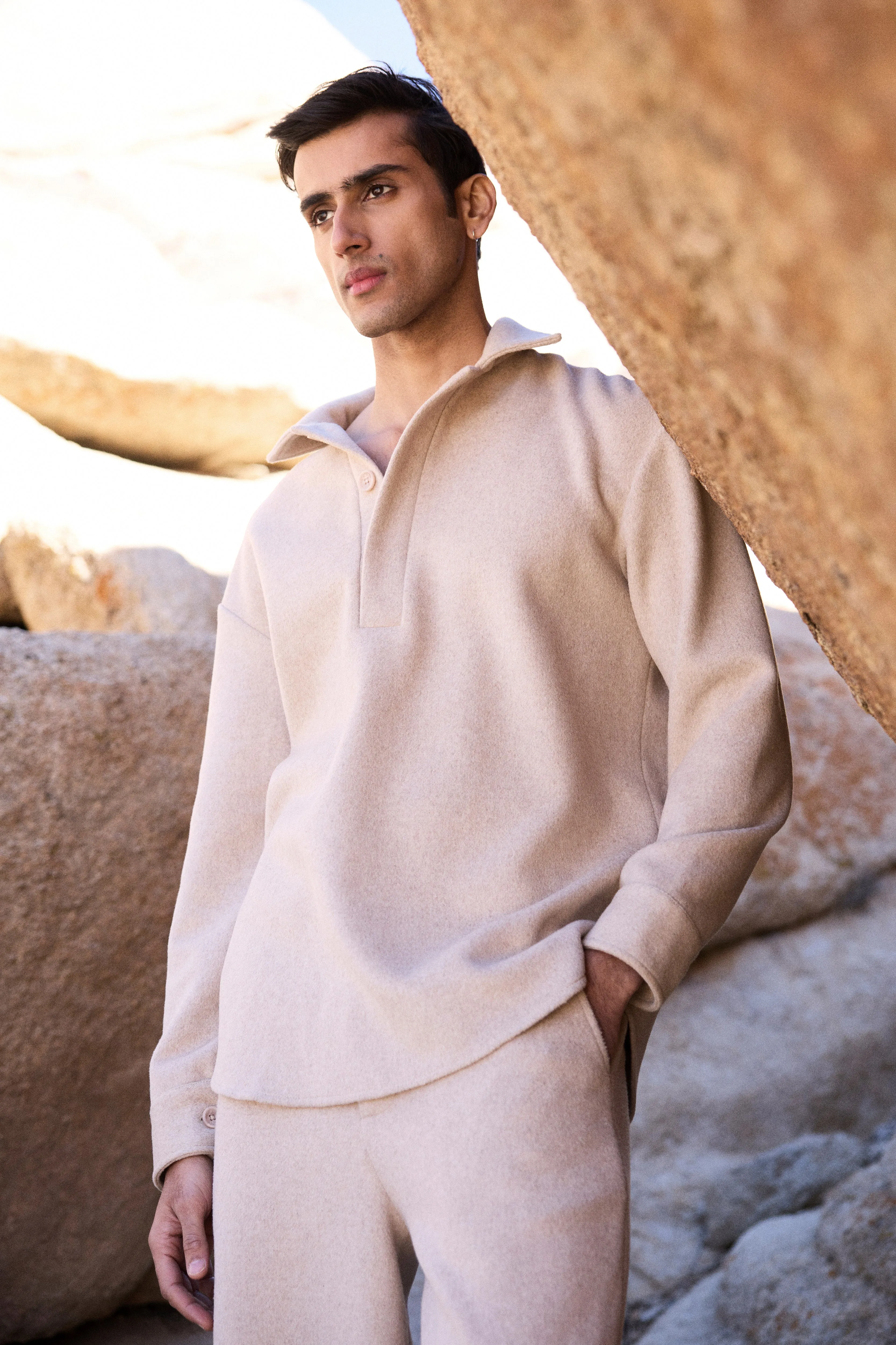 Merino Wool Blend Overshirt w Half Placket Collar - Man & Merino Wool Blend Pants - Man (Oatmeal)
