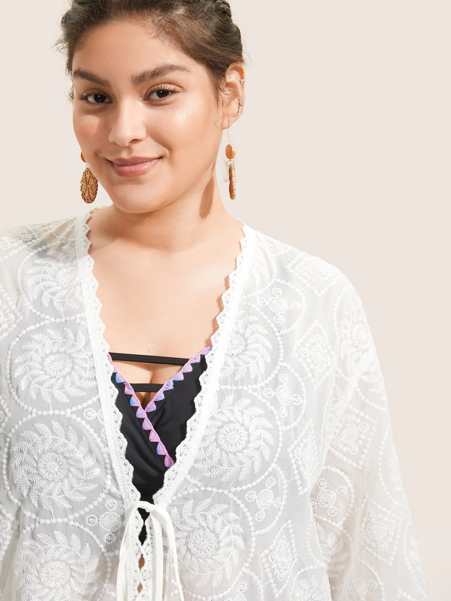 Mesh Embroidered Lace Patchwork Ties Kimono