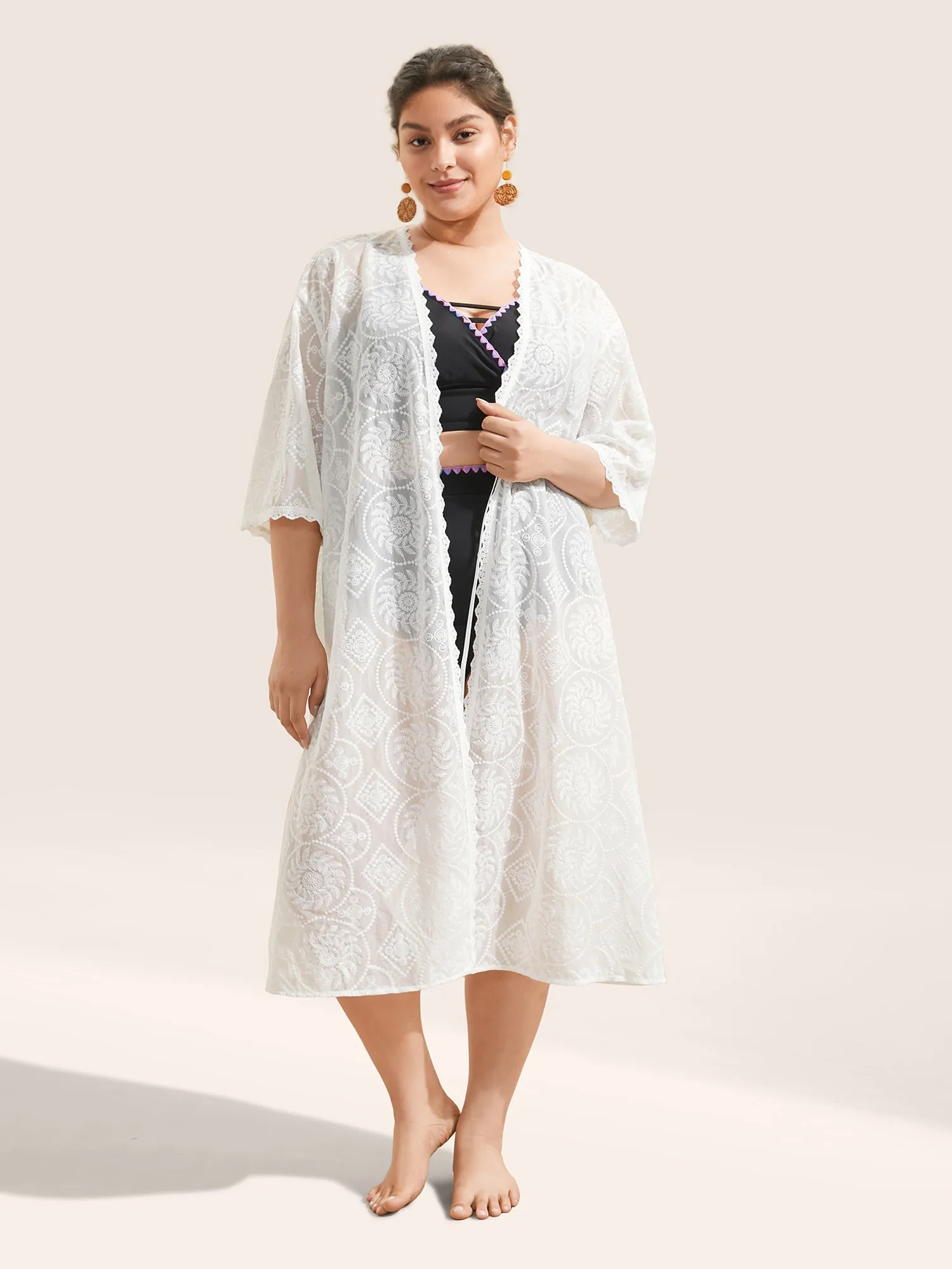 Mesh Embroidered Lace Patchwork Ties Kimono