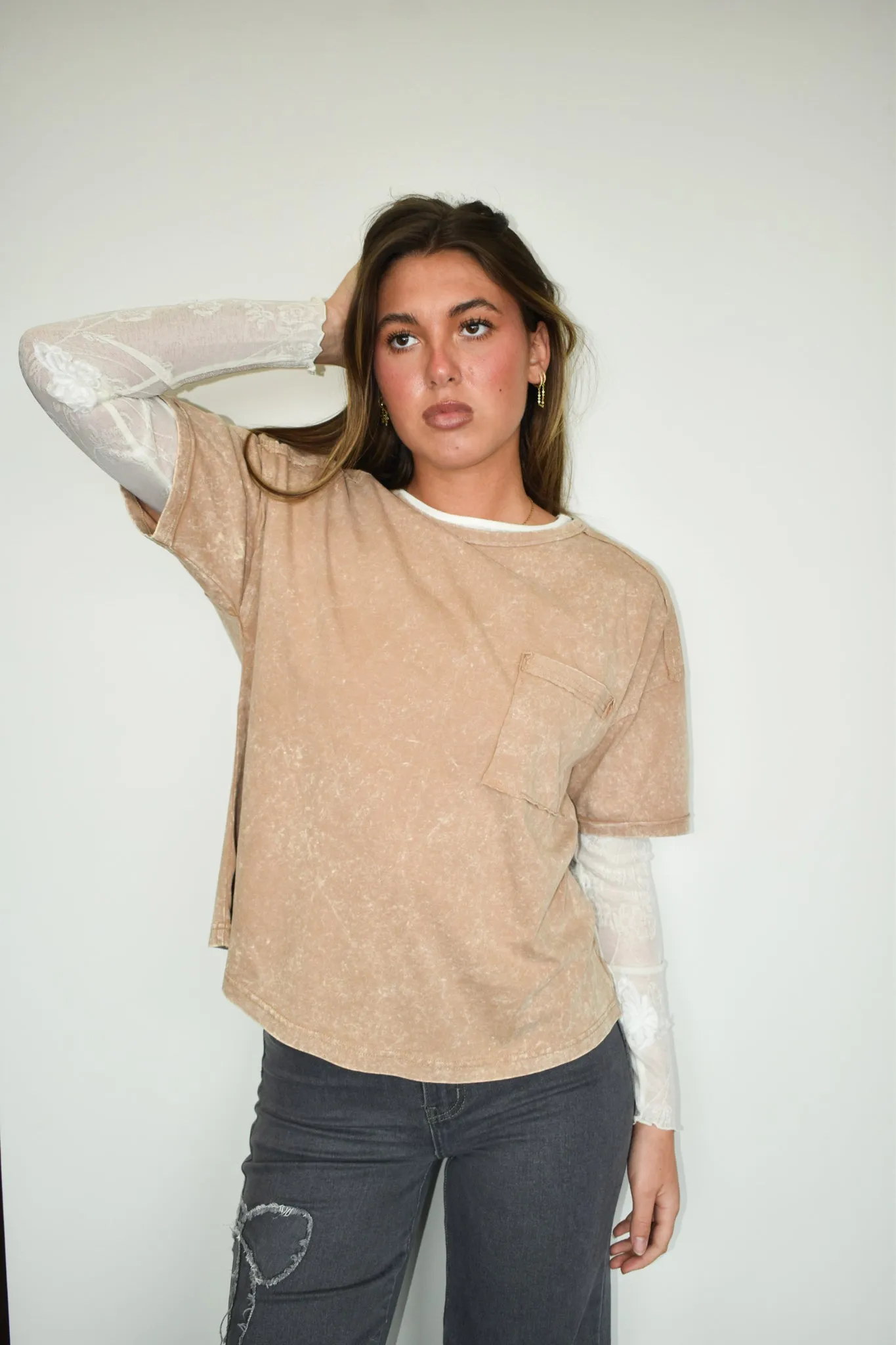 Mineral Wash Relaxed Pocket Tee- Camel