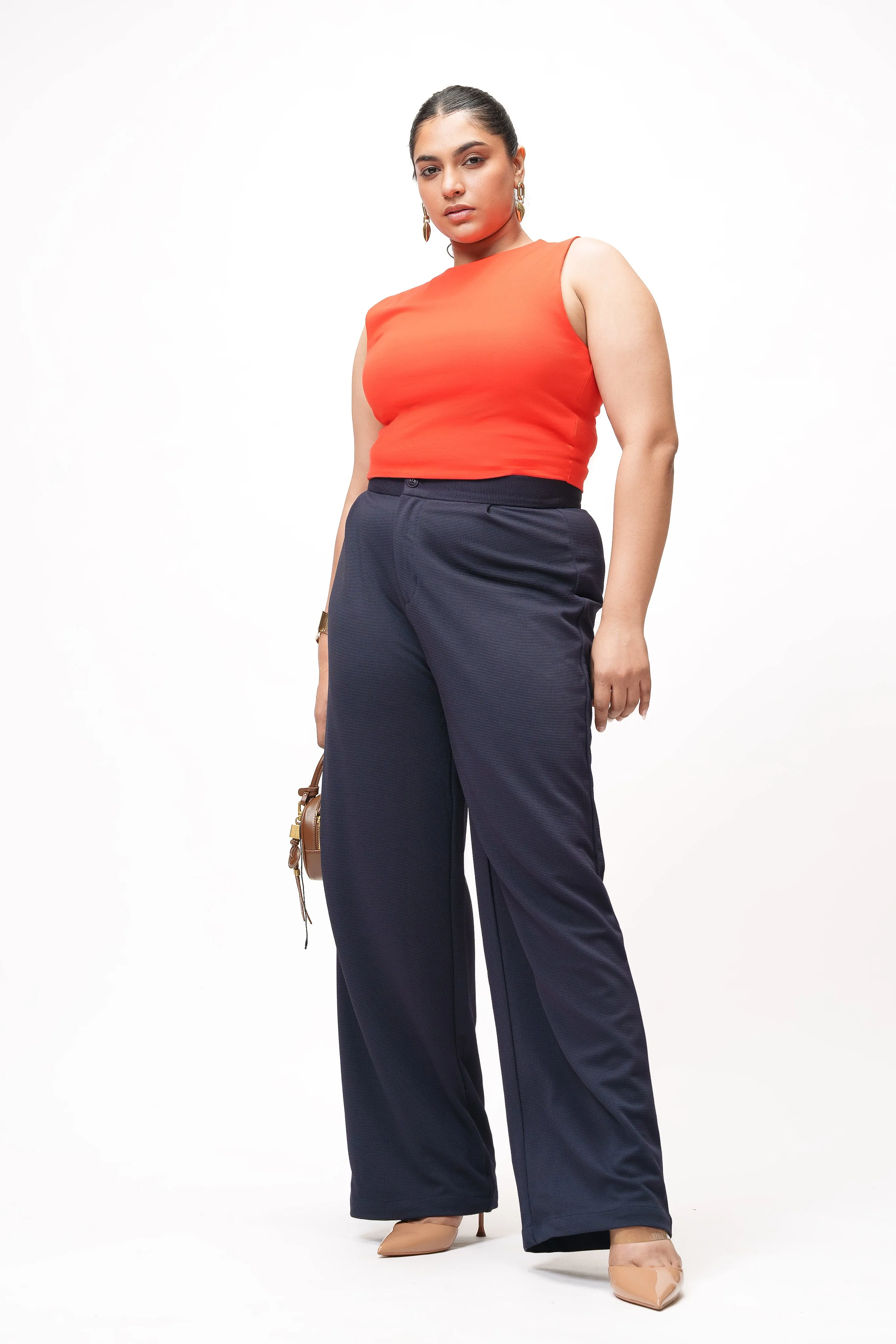Modern Navy Curve Textured Korean Pants