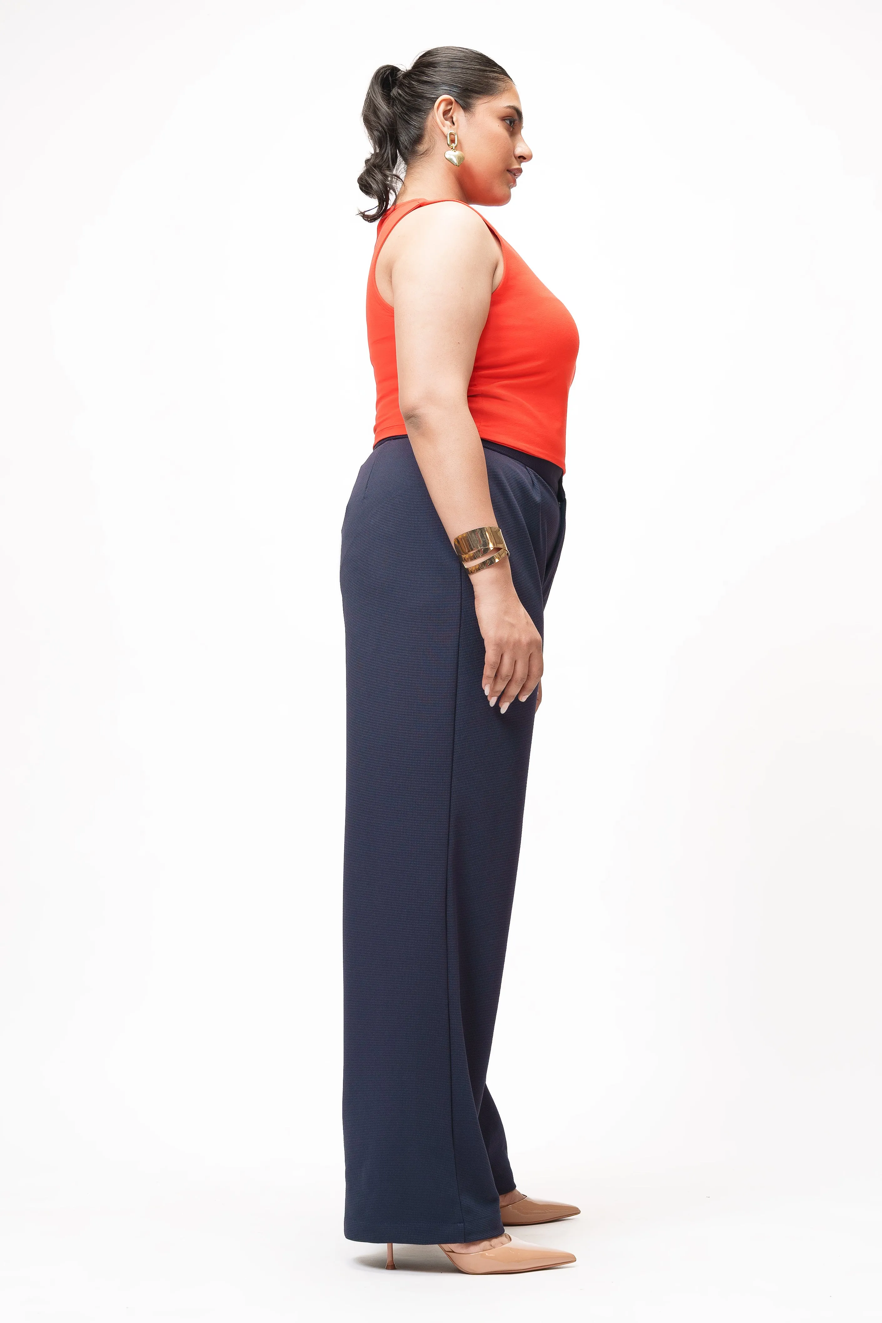 Modern Navy Curve Textured Korean Pants