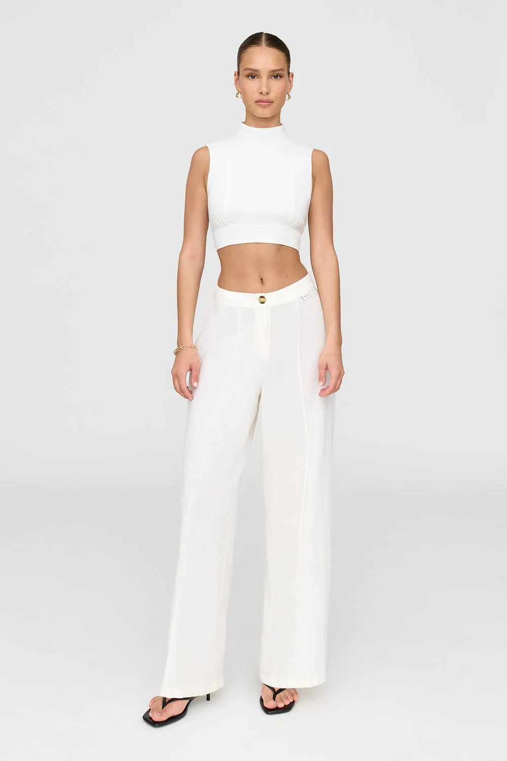 MONACO LINEN BLEND MOCK NECK TIE BACK CROP TOP - COCONUT MILK